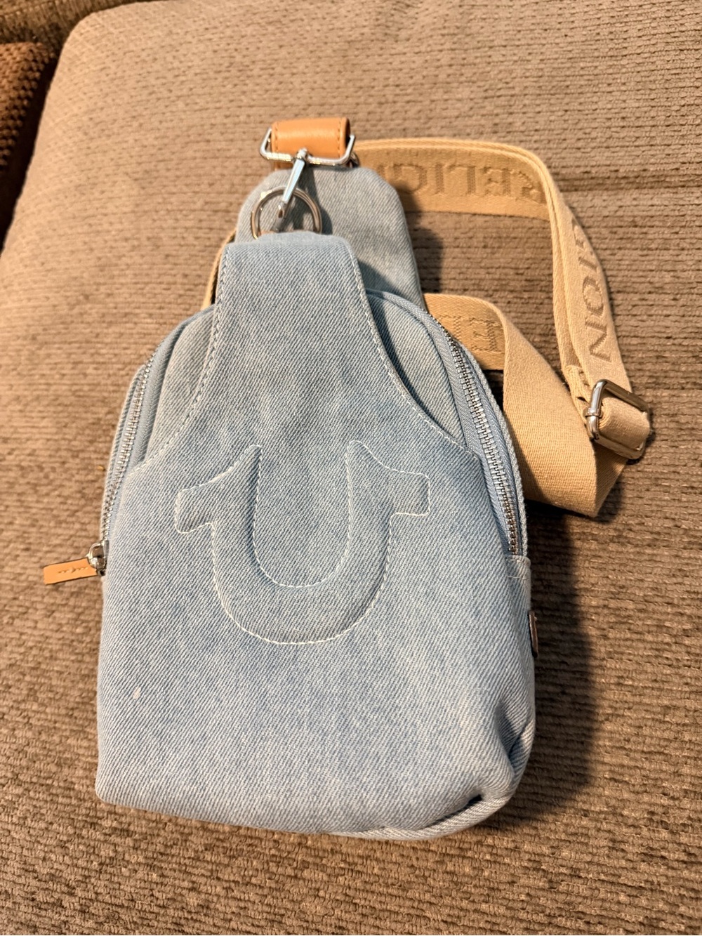 True Religion Light Denim Sling Bag with Tan Strap